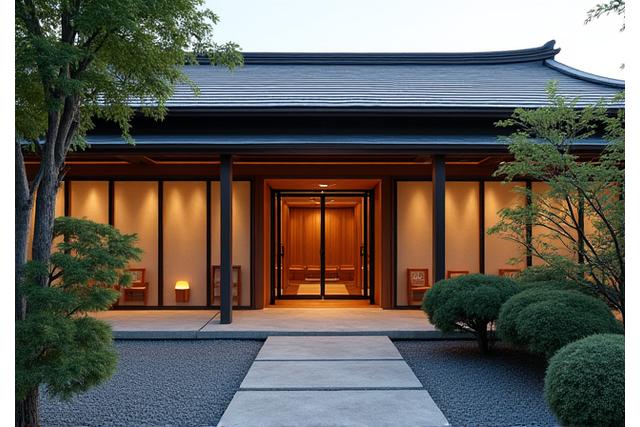 遊砂の味レストランの外観、美しい日本庭園と伝統的な建築